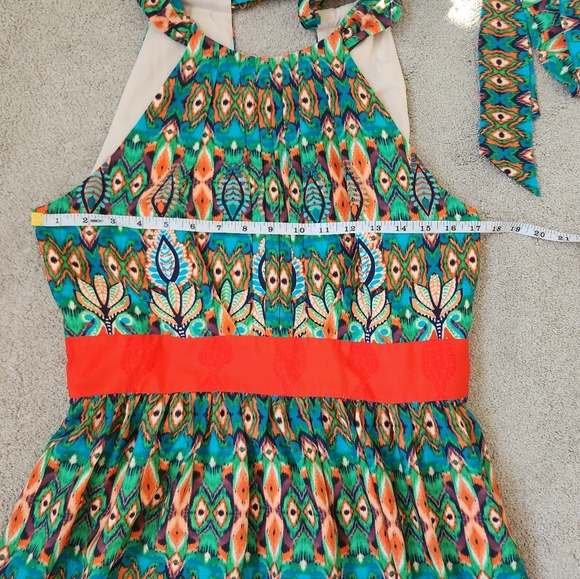 Eliza J Pleated Smocked Orange and Green Resort Maxi Dress - Picture 9 of 13